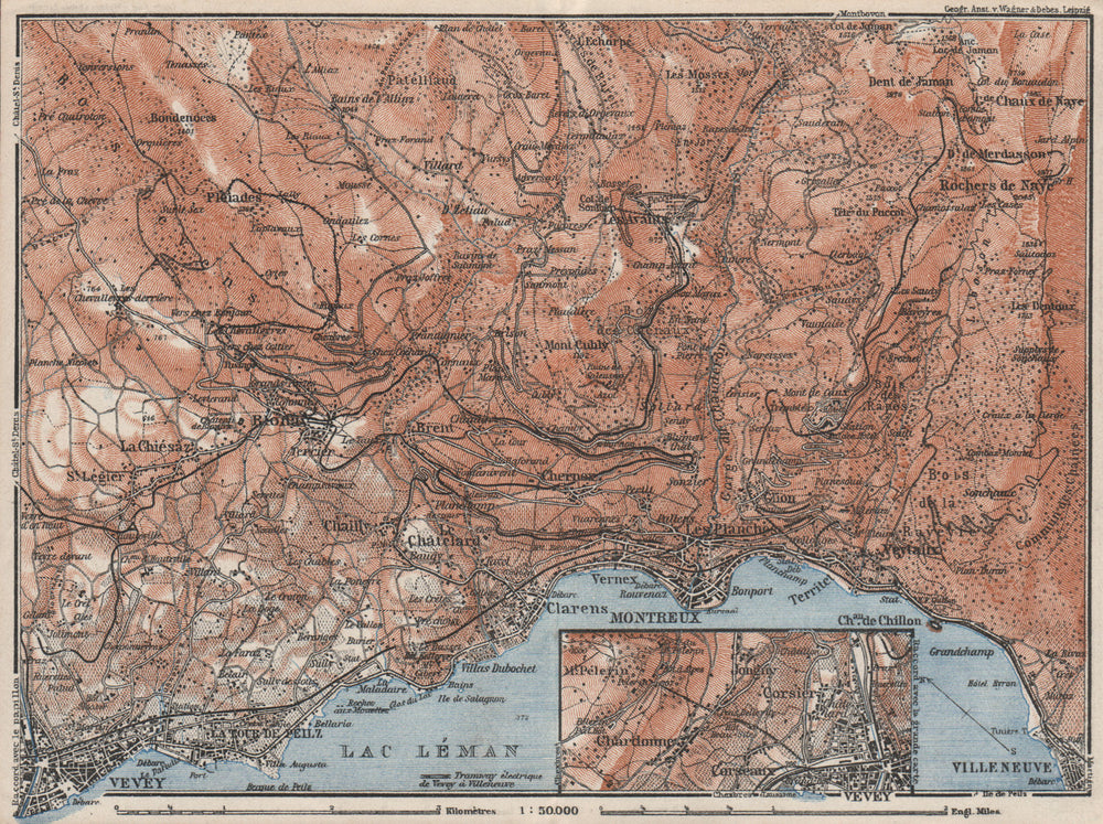 MONTREAUX AREA. Vevey Villneuve. Topo-map. Switzerland Suisse Schweiz 1928