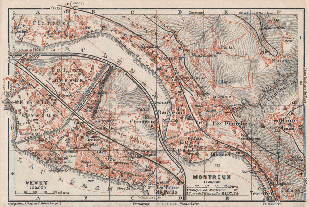 MONTREUX. VEVEY. Clarens. town city plan. Switzerland Suisse Schweiz 1928 map