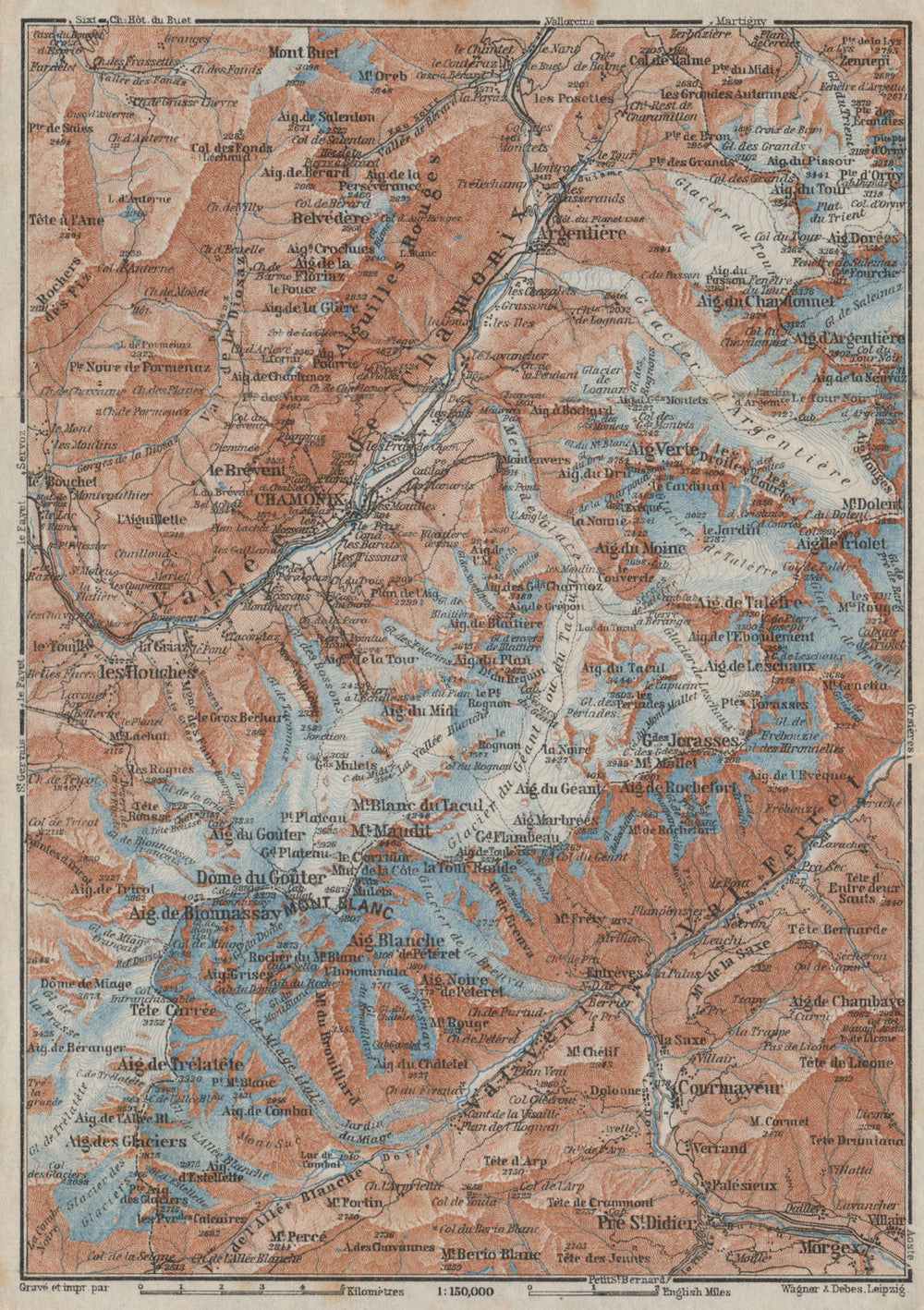 CHAMONIX & MONT BLANC MASSIF. Argentière Les Houches Courmayeur carte 1928 map