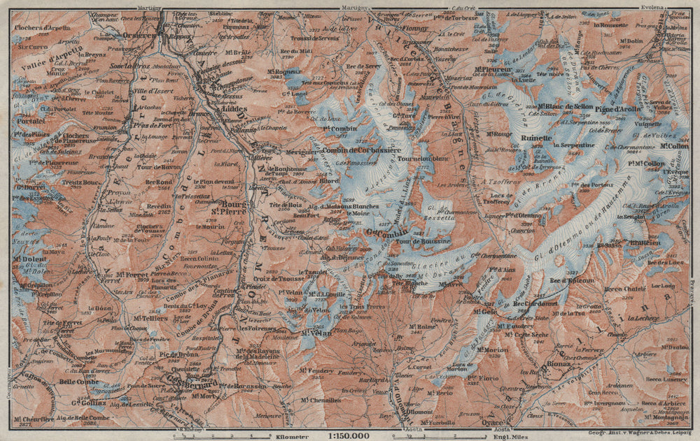 GRAND ST BERNARD ENVIRONS Arolla Grand Combin Massif Orsières Mt Velan 1928 map