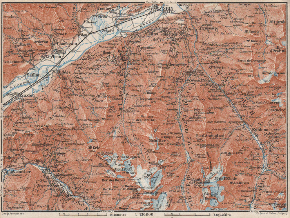 Area south of SION. Verbier Riddes Nendaz Veysonnaz Hérens Entremont 1928 map