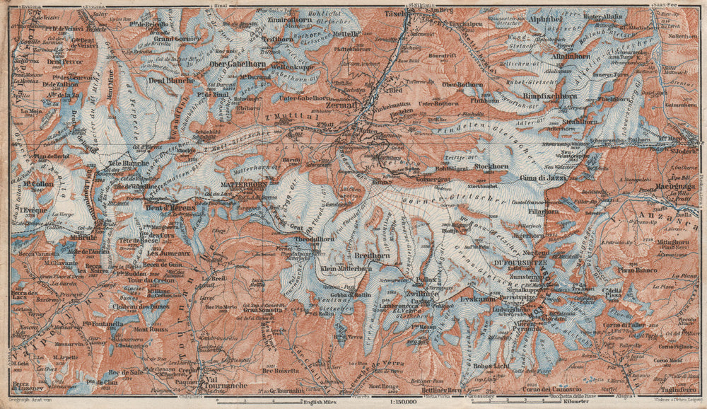 ZERMATT ENVIRONS. Breuil-Cervinia Matterhorn Tournanche Monte Rosa 1928 map