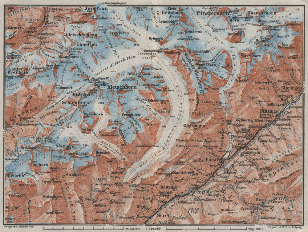 ALETSCHHORN DISTRICT. Fiesch Mörel Jungfrau Nesthorn Grengiols 1928 old map