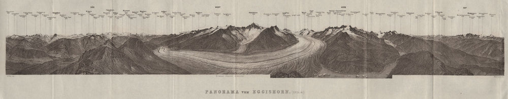 EGGISHORN PANORAMA Aletschhorn Glacier Nesthorn Mont Blanc Leone Eiger 1928 map