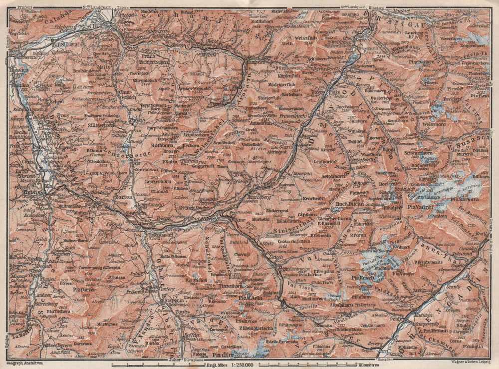 GRAUBÜNDEN/ALBULA ALPS. Chur-Samedan. Arosa Lenz Davos Savognin Thusis 1928 map