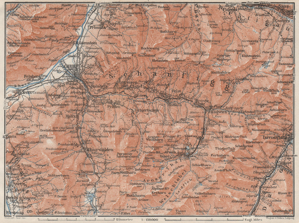 COIRE/CHUR SCHANFIGG AROSA ENVIRONS. Davos Klosters Lenzheide Trimnns 1928 map