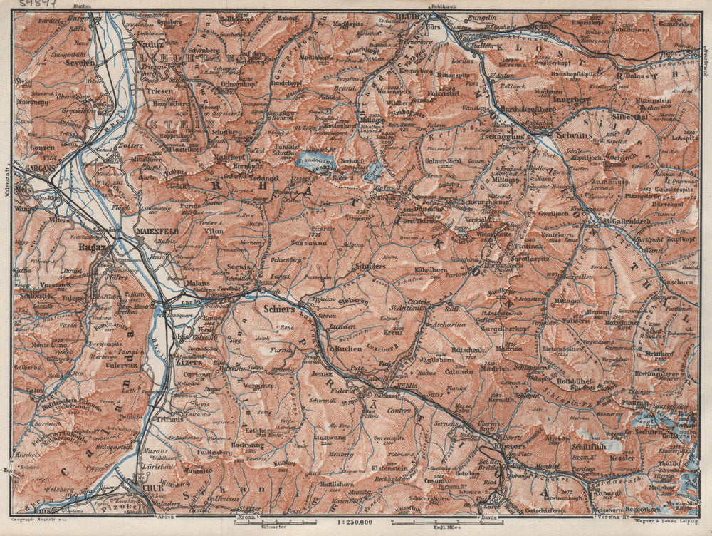 BAD RAGAZ PRÄTIGAU MONTAFON ENVIRONS. Wangs Rätikon Bludenz Maienfeld 1928 map