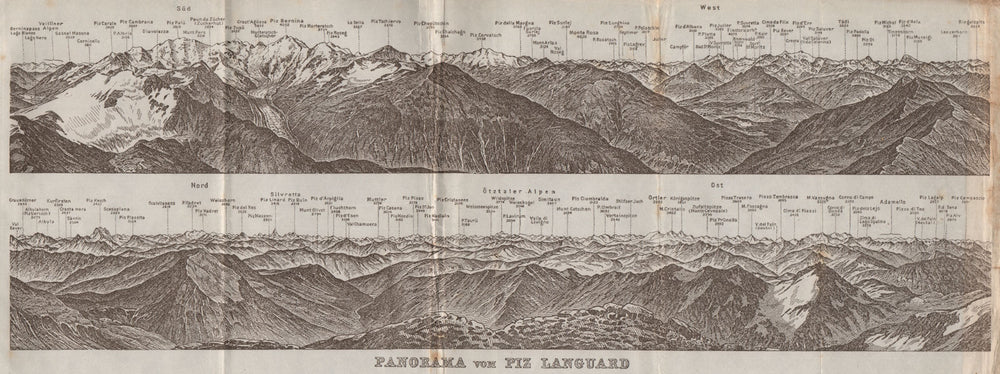 PIZ LANGUARD PANORAMA. Bernina Roseg Monte Rosa Mont Blanc Cristallo 1928 map