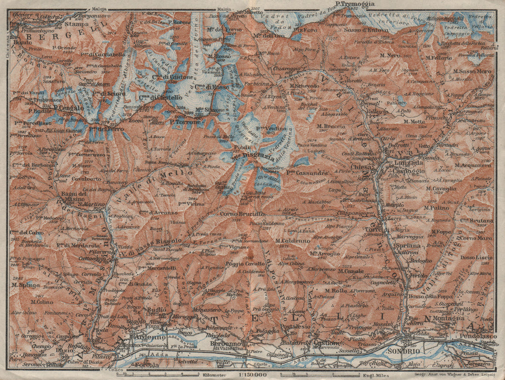 VAL MASINO/BREGAGLIA ALPS. Disgrazia Caspoggio Tellina Malenco Sondrio 1928 map
