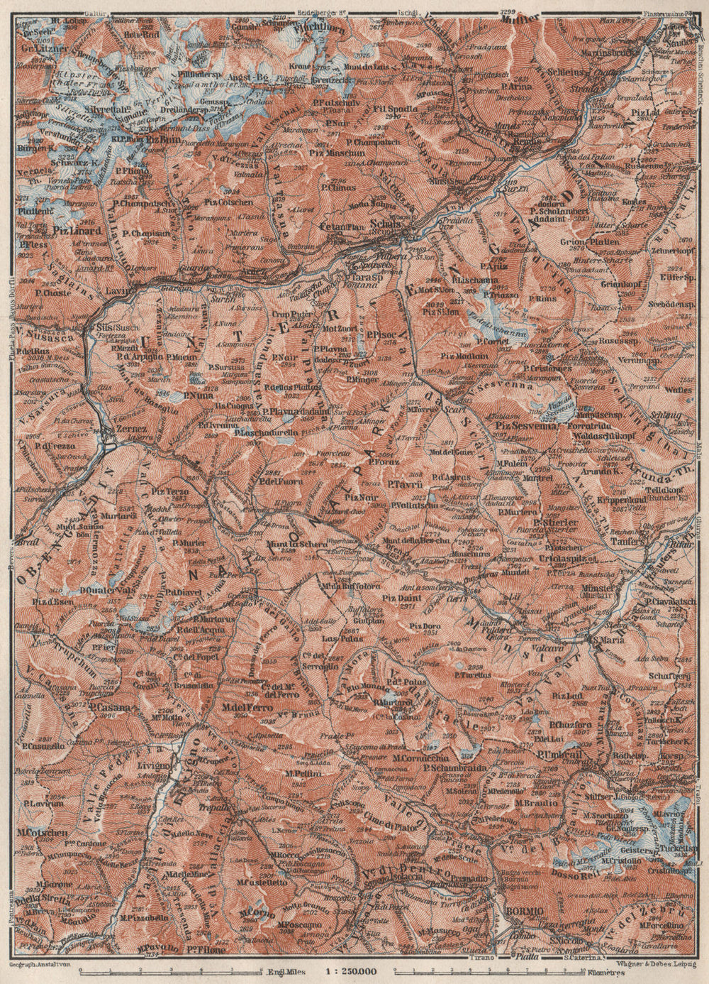 LOWER ENGADINE. Livigno Bormio Ftan Scuol Silvretta Range Piz Buin 1928 map