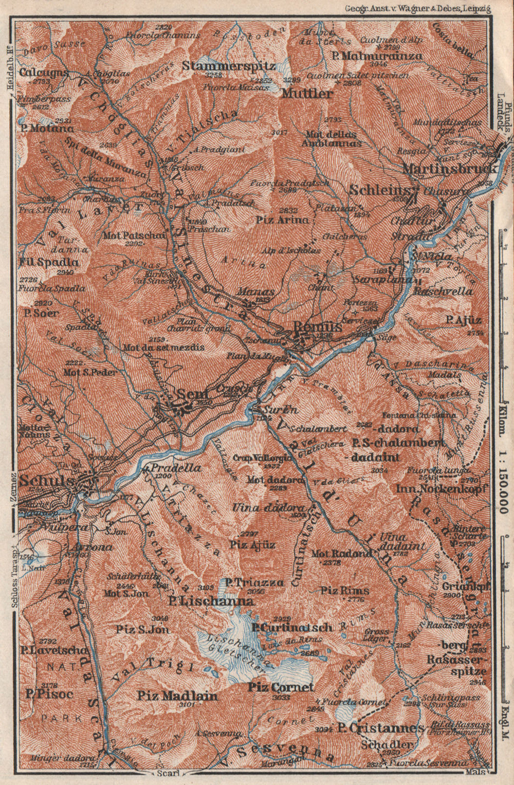 LOWER ENGADINE VALLEY. Scuol-Martinsbruck/Martina Schleins Remiis 1928 old map