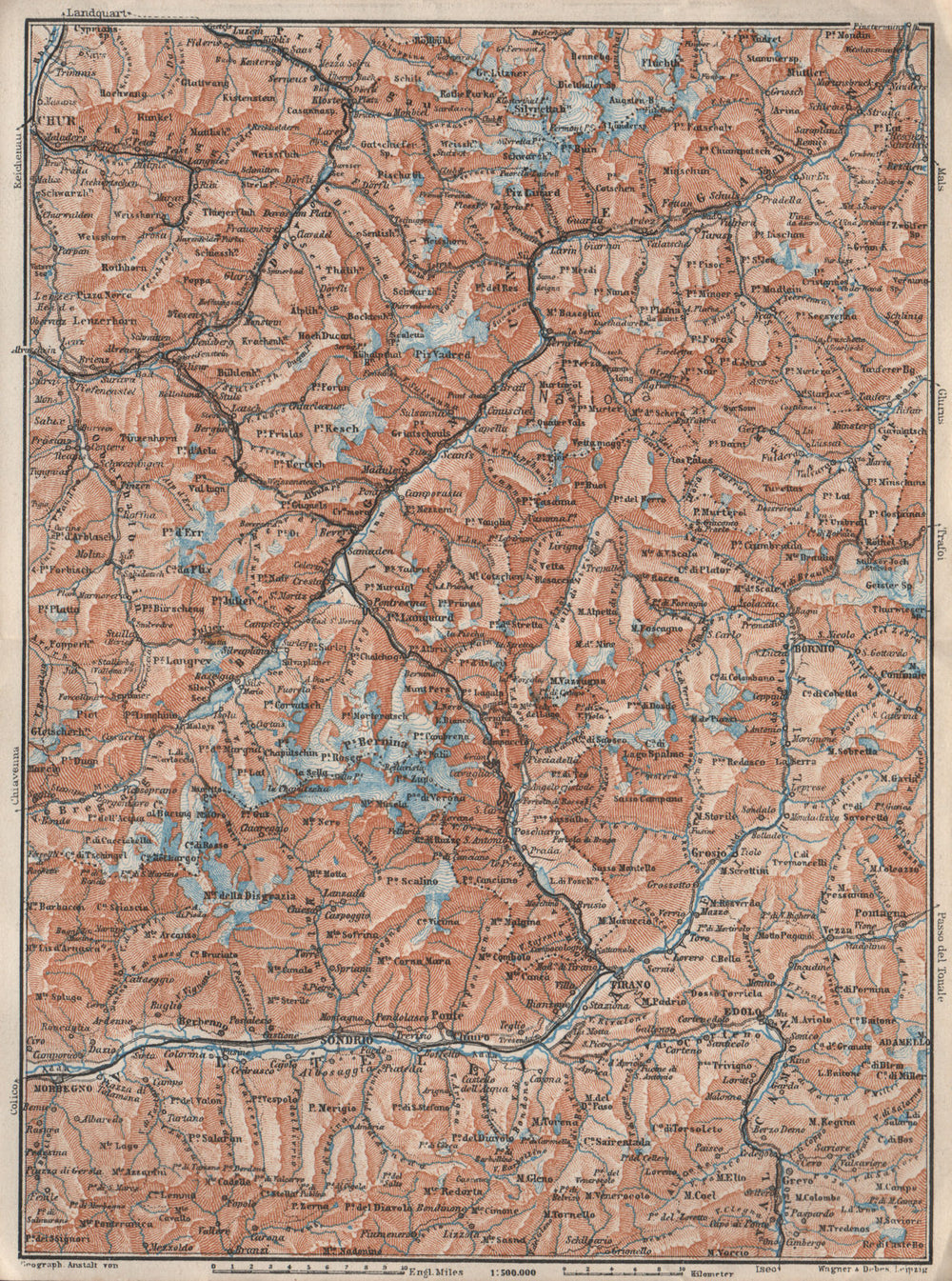 ENGADINE/VAL TELLINA. Davos Arosa Sils Bormio Livigno Sondrio Chur 1928 map