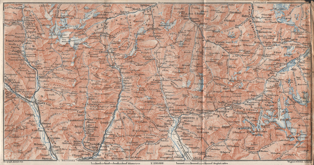 LUKMANIER to MALOJA.Sils Maria Bivio Madesimo Chiavenna San Bernardino 1928 map