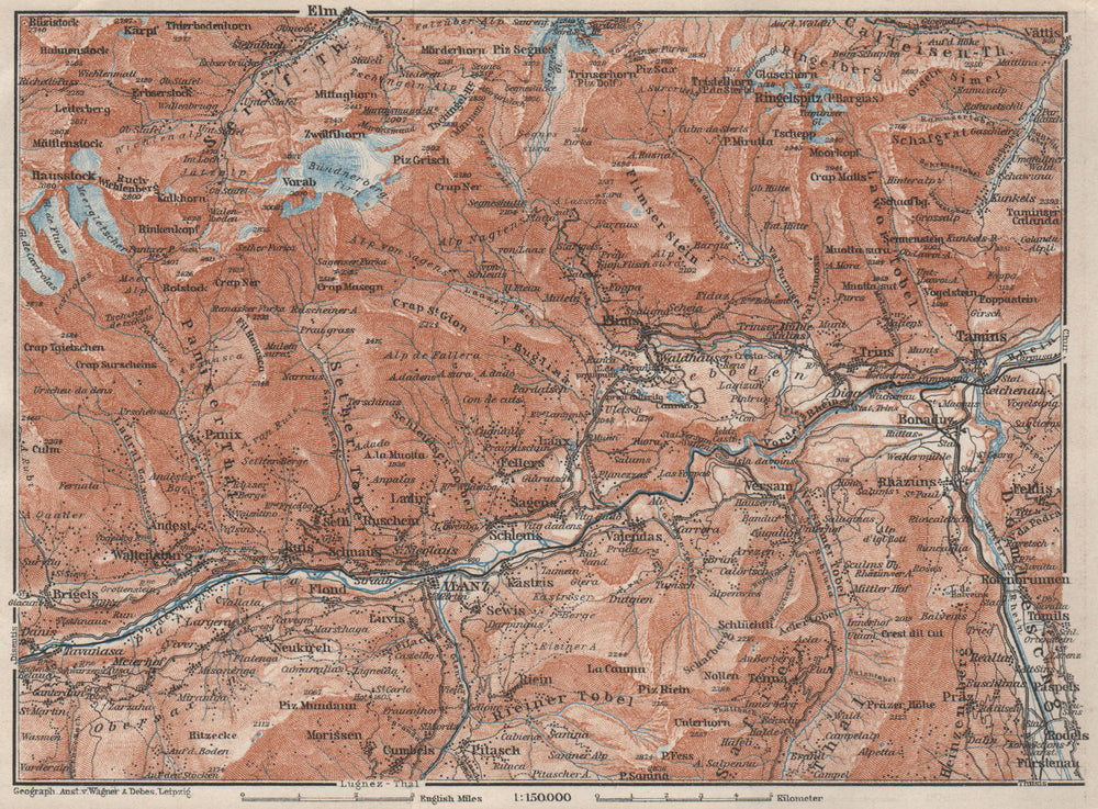 ILANZ & FLIMS AREA. Laax Obersaxen Mundaun Brigels Waltensburg Tamins 1928 map