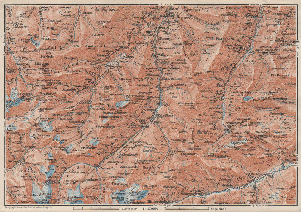 LUGNETZTAL SURSELVA. Valserrhein Furketlihorn Hinterrhein Splügen 1928 old map