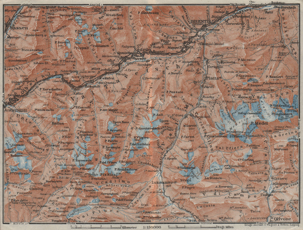 VAL TAVETSCH/MEDEL. Andermatt Disentis Sedrun Wassen Piz Medel. Topo-map 1928