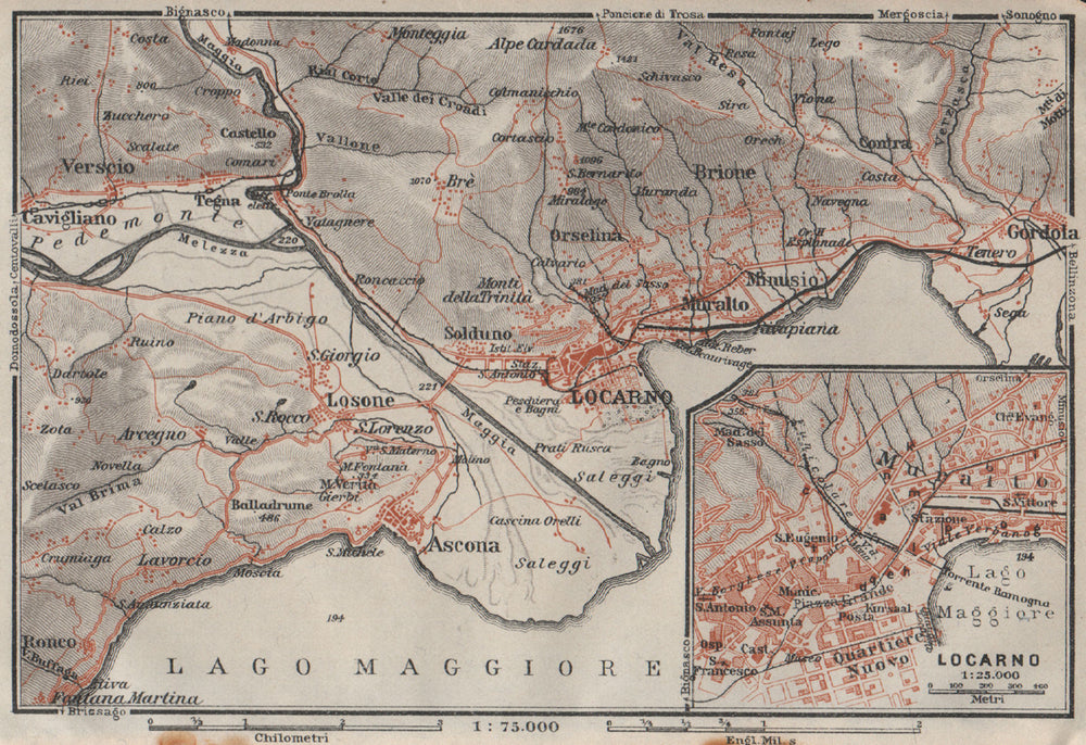 LOCARNO area. Losone Gordola Muralto Brione. Switzerland Suisse Schweiz 1928 map