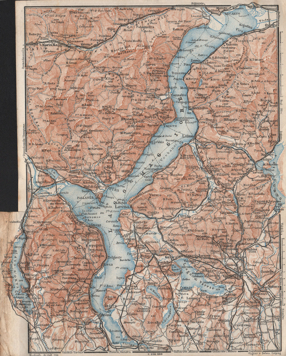 LAGO MAGGIORE. Lake Maggiore. Varese Varesa Pallanza. Topo-map. Italy 1928