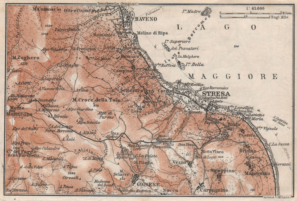 STRESA ENVIRONS. Baveno Gignese. Italy mappa. BAEDEKER 1928 old vintage