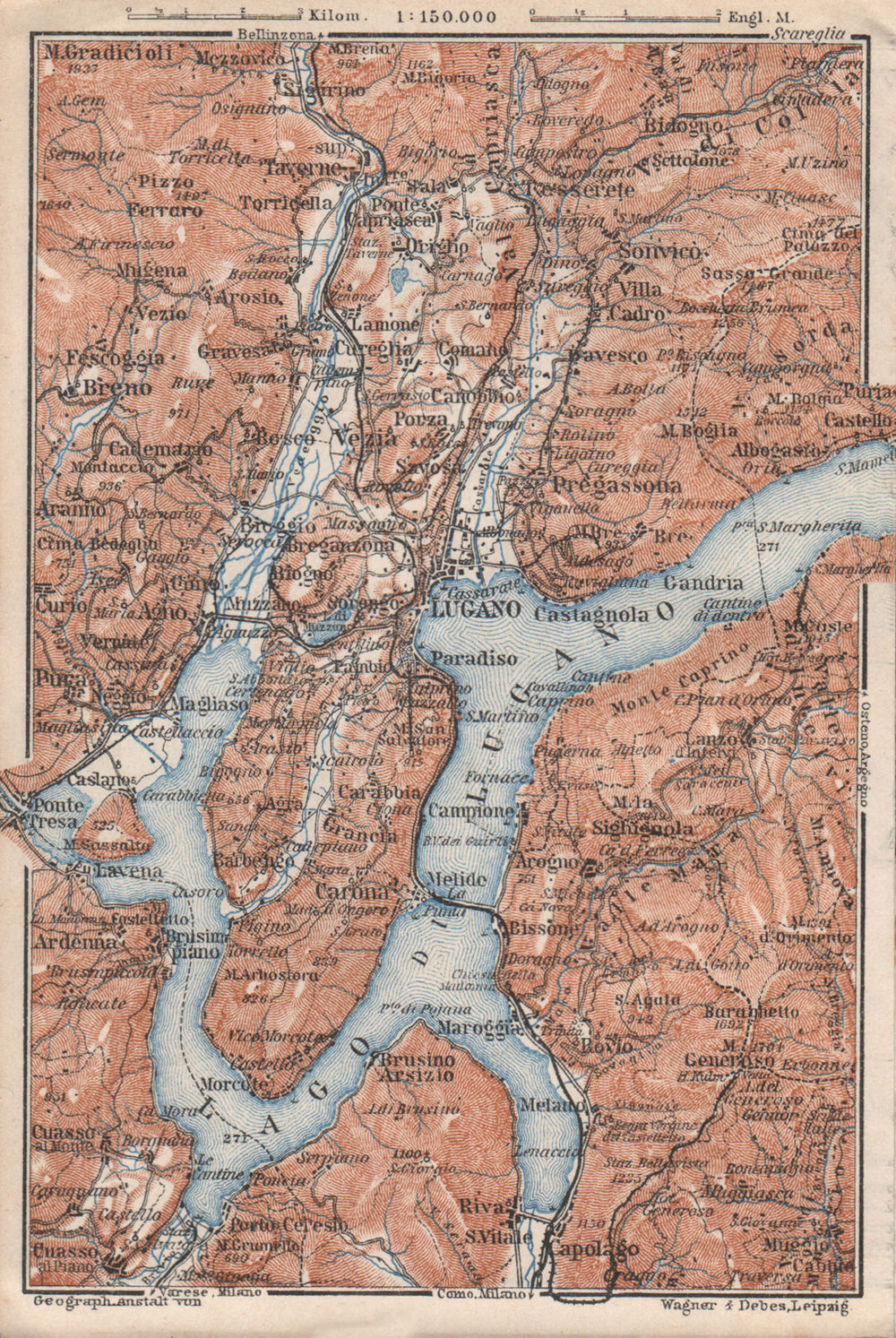 LUGANO ENVIRONS. Lake Lago di. Topo-map. Switzerland Suisse Schweiz 1928