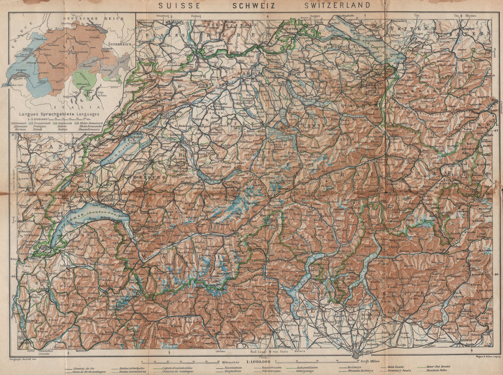 Map of Switzerland Suisse Schweiz. Northern Italy railways carte karte 1938