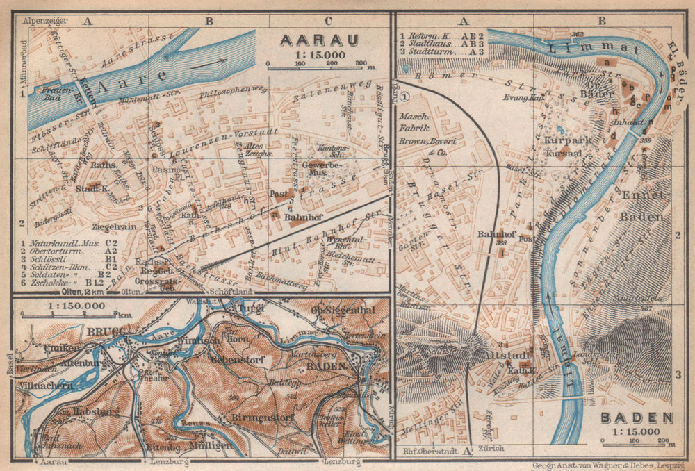 BADEN. AARAU. Brugg. town city stadtplan. Switzerland Suisse Schweiz 1938 map