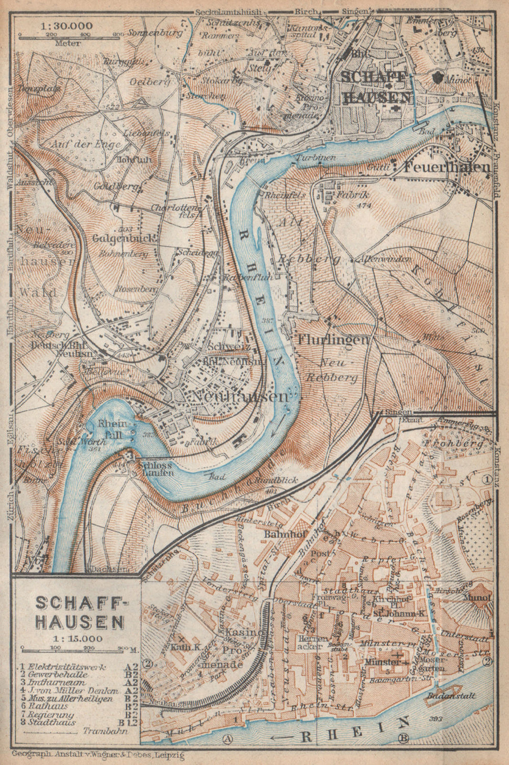 SCHAFFHAUSEN environs. Flurlingen Feuerthalen Neuhausen. Schweiz 1938 old map