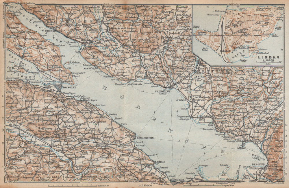 LAKE CONSTANCE inset LINDAU. Konstanz St Gallen Bregenz. Topo-map 1938 old