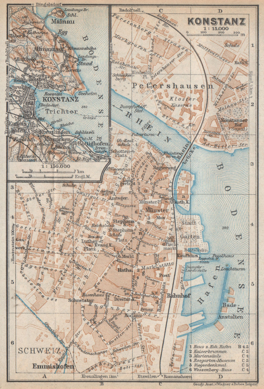 CONSTANCE. KONSTANZ. town city stadtplan. Germany karte. BAEDEKER 1938 old map