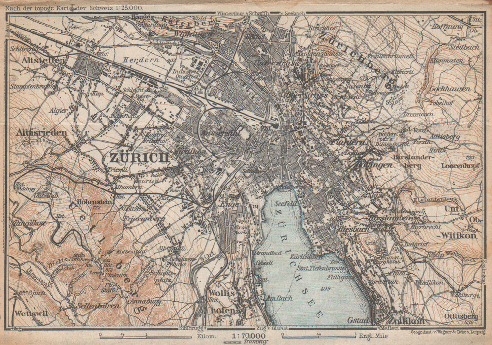 ZÜRICH ENVIRONS. Zurich. Switzerland Suisse Schweiz carte karte 1938 old map