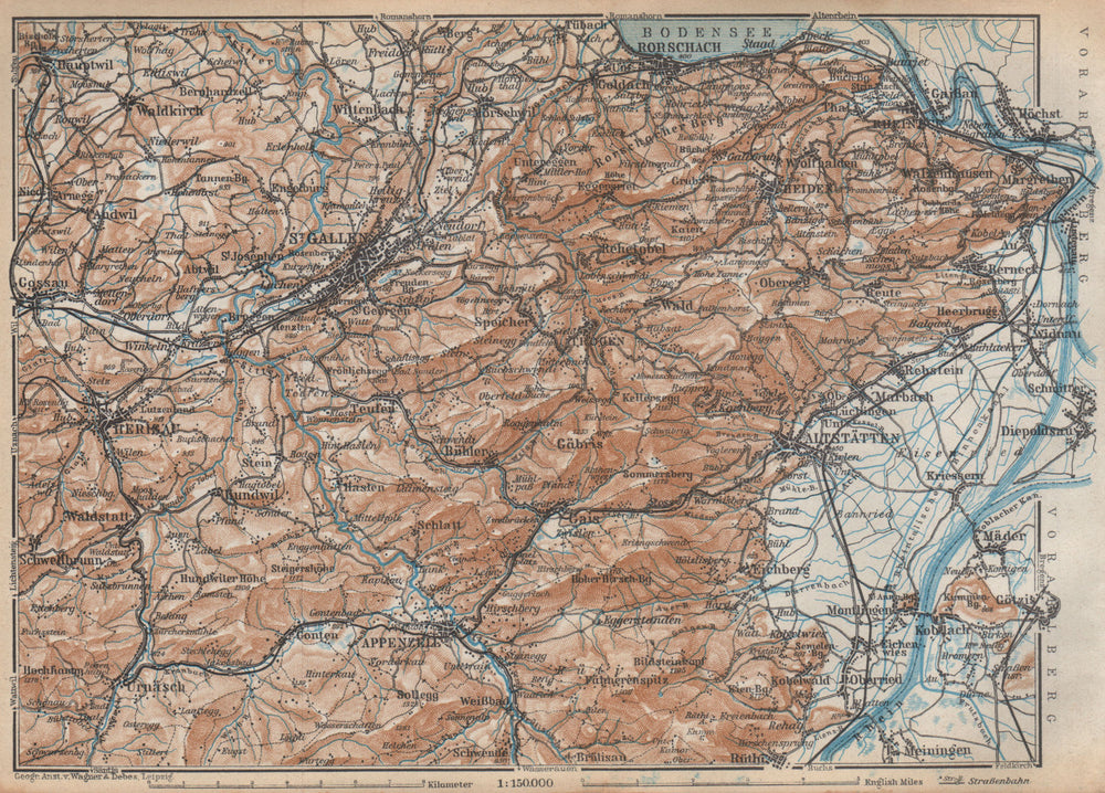 ST GALLEN/APPENZELL area. Herigau Altstätten Heiden Rheineck Rorschach 1938 map