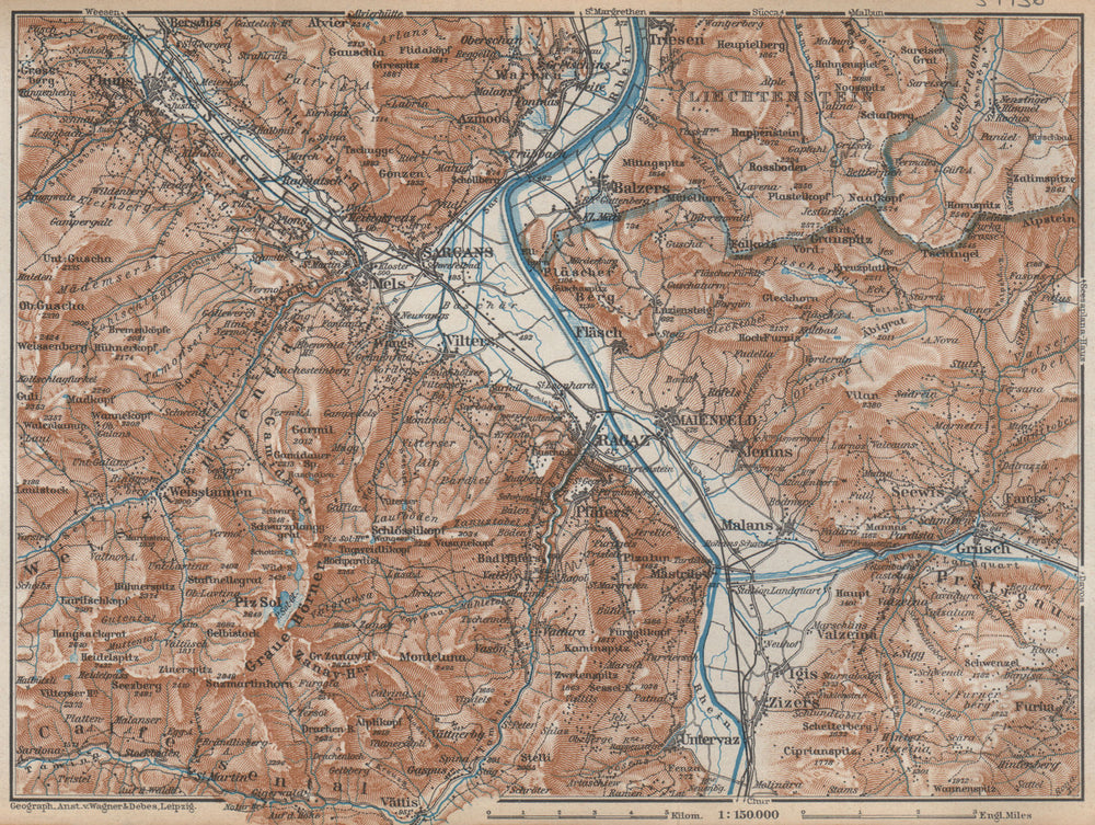 BAD RAGAZ. Malbun Flums Wangs Pizol Sargans Grusch Malans Maienfeld 1938 map