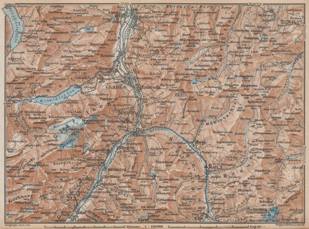GLARUS area. Braunwald Bächistock Netstall Mollis Näfels Elm. Topo-map 1938