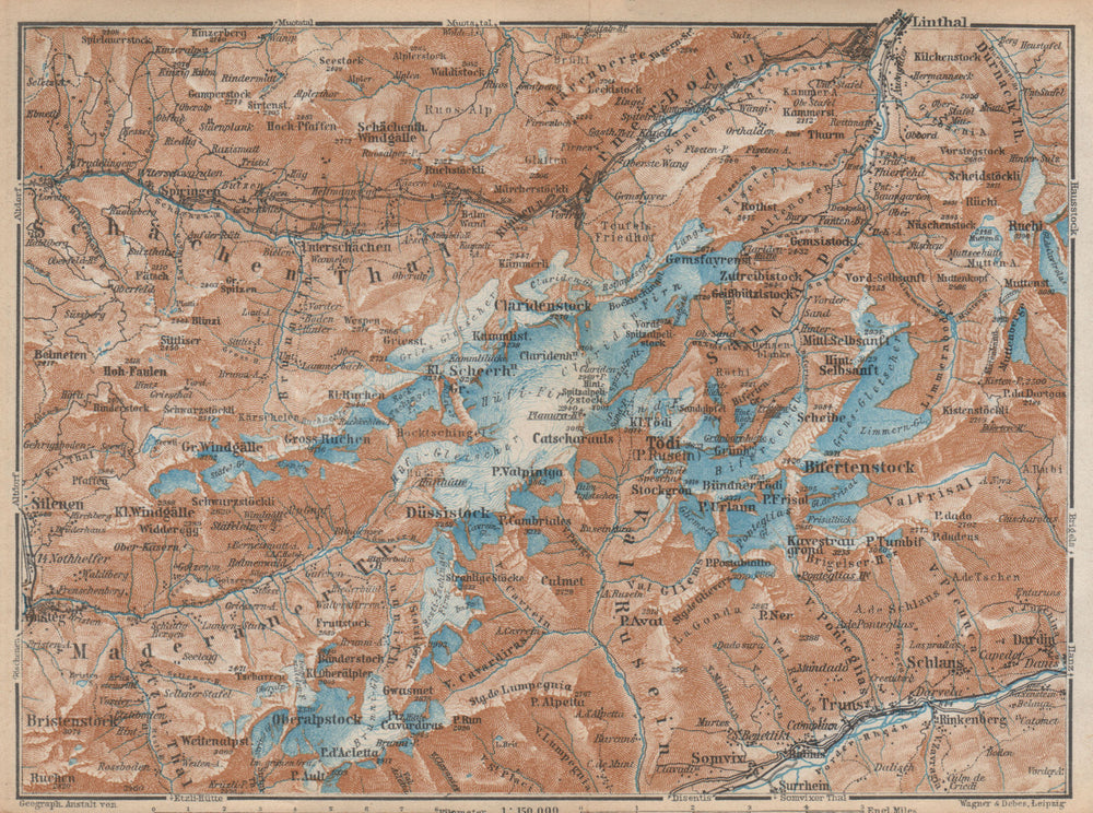TÖDI DISTRICT. Glarus Alps Linththal Bifertenstock Claridenstock 1938 old map