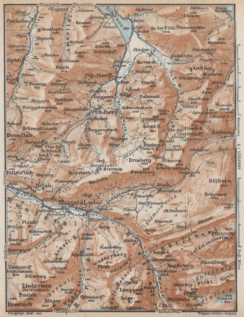 MUOTATHAL PRAGEL & SIHLTAL. Silbern Liedernen (Kaiserstock) Iberg 1938 old map