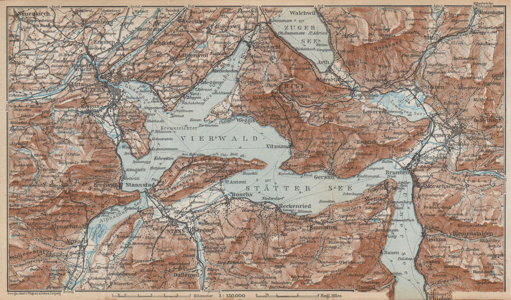 LAKE LUCERNE Vierwaldstättersee. Luzern Stans Weggis Brunnen Schwyz 1938 map