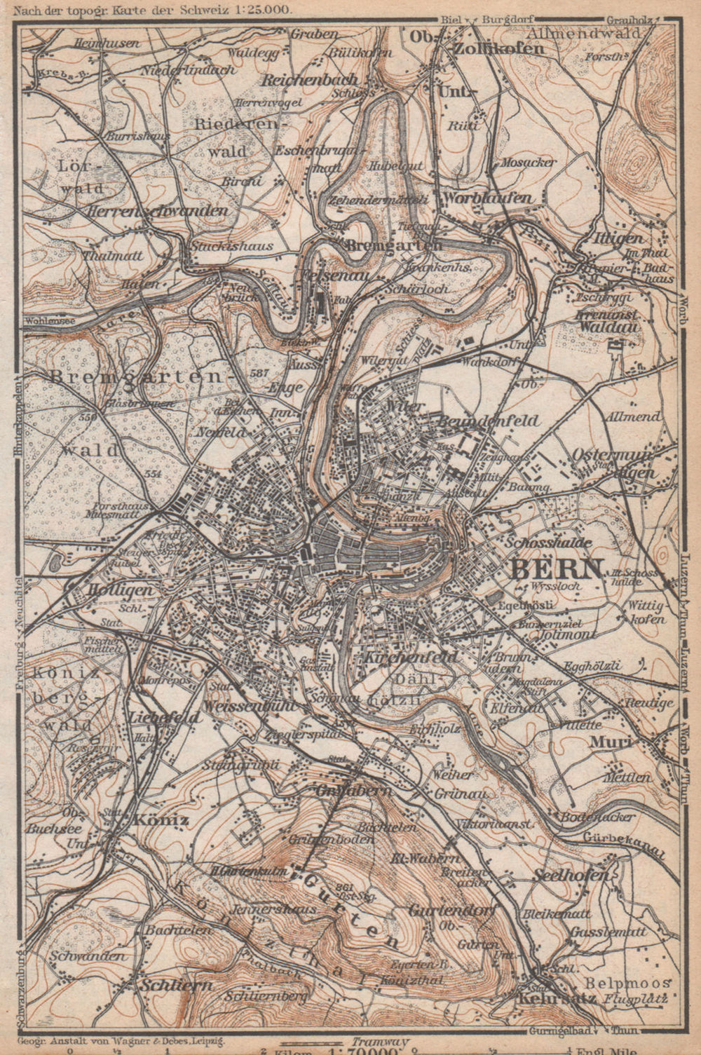 BERN BERNE ENVIRONS. Switzerland Suisse Schweiz carte karte. BAEDEKER 1938 map