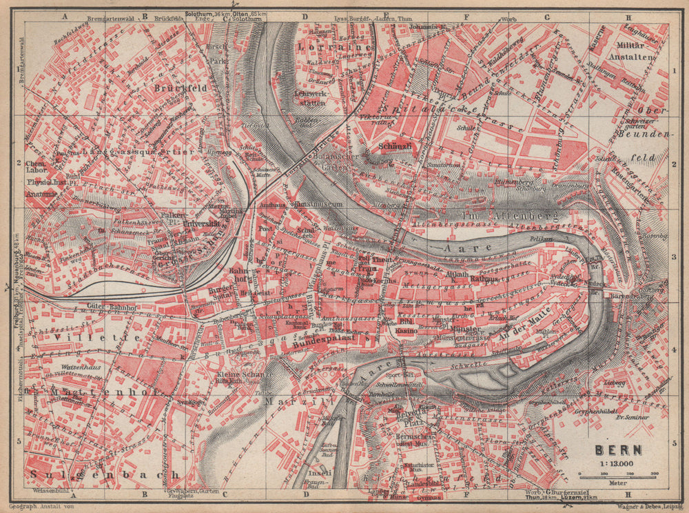 BERN BERNE. town city stadtplan. Switzerland Suisse Schweiz. BAEDEKER 1938 map