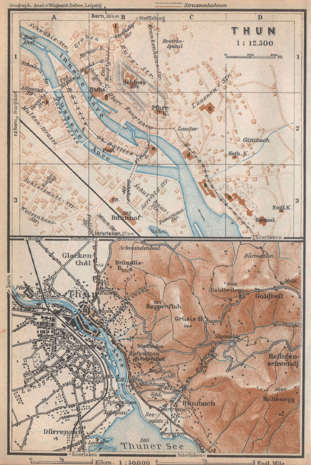 THUN / THOUNE. town city stadtplan. Switzerland Suisse Schweiz 1938 old map