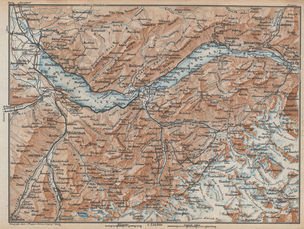 BERNESE OBERLAND. Wengen Mürren Grundelwald Reutigen Interlaken Eiger 1938 map
