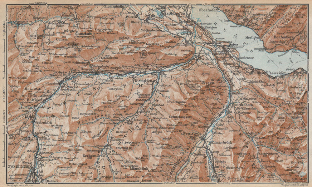 THUNER SEE. SIMME/KANDER VALLEYS. Gantrisch Spiez Frutigen Oberwil 1938 map