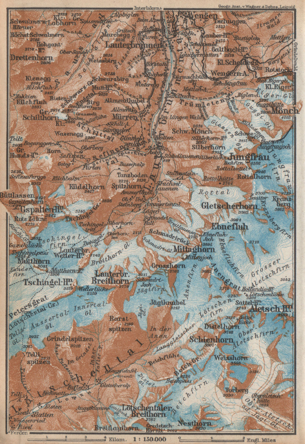 UPPER LAUTERBRUNNEN VALLEY/WALL. Mürren Grosshorn Breithorn Jungfrau 1938 map