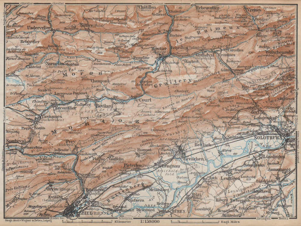 BERNESE JURA. Solothurn Biel/Bienne Rebeuvelier Tavannes. Topo-map 1938