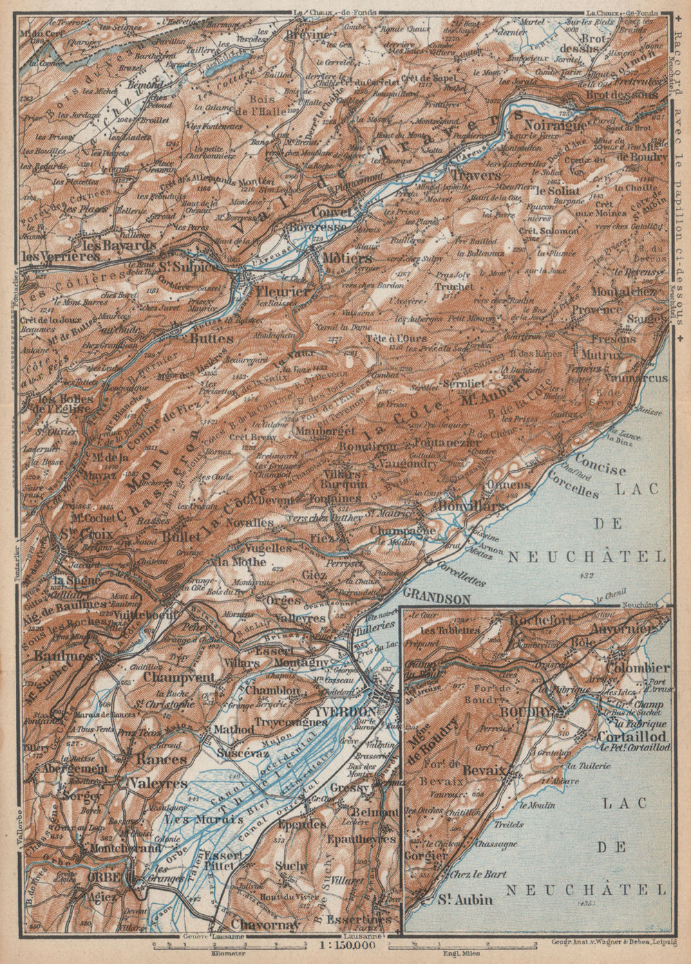 JURA. Val-de-Travers Orbe Noiraigue Yverdon Grandson Môtiers Buttes 1938 map