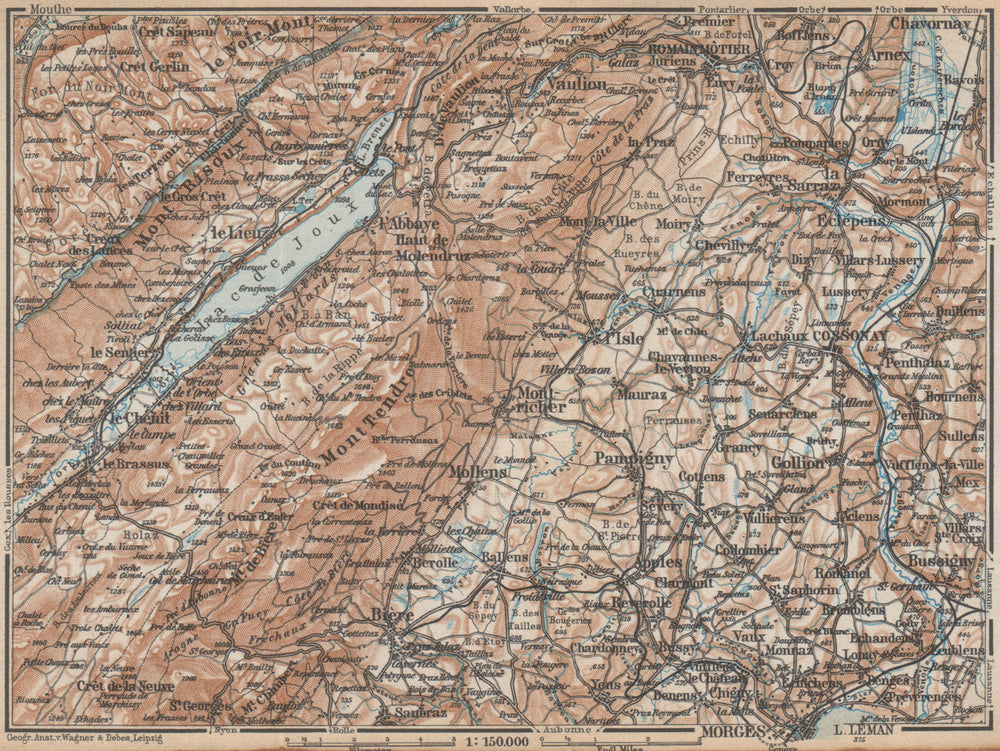 WESTERN JURA. Morges Cossonay Vaulion Mont Risoux/Tendre Lac de Joux 1938 map