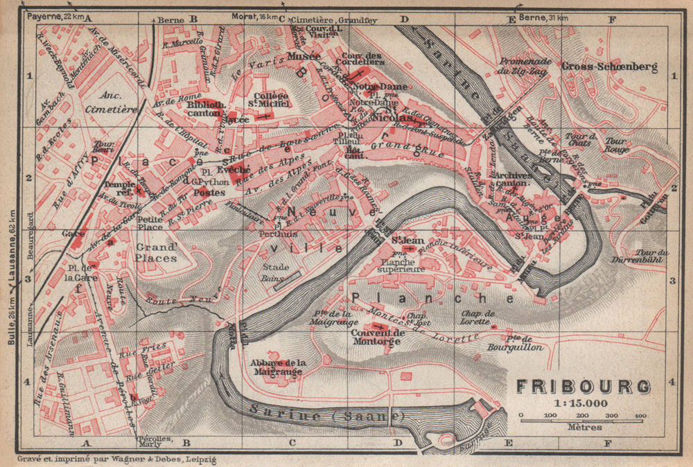 FREIBURG / FRIBOURG. town city stadtplan. Switzerland Suisse Schweiz 1938 map