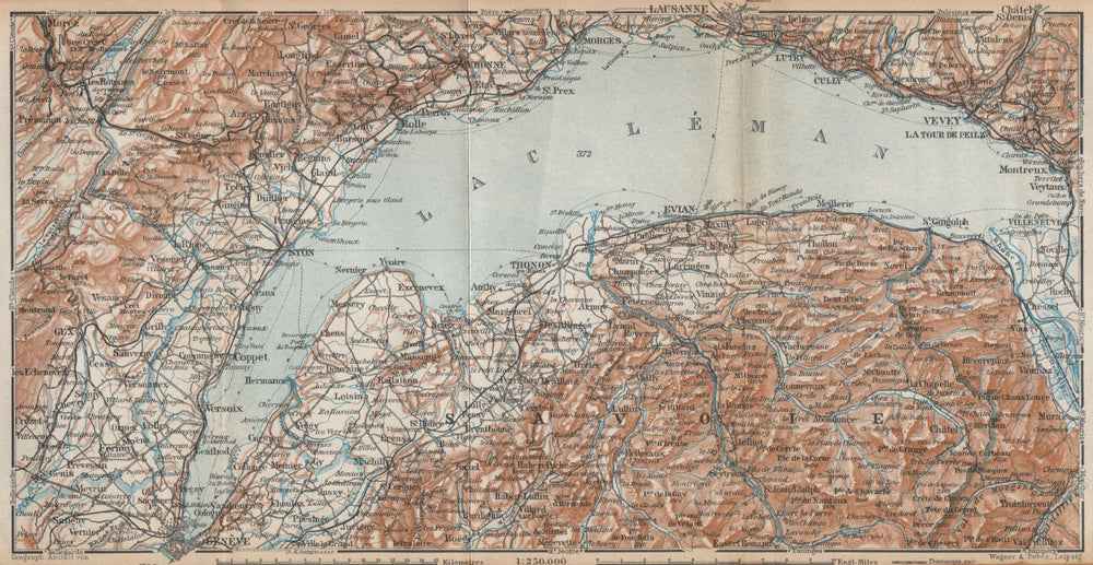 LAKE GENEVA/LAC LÉMAN. St Cergue Chatel St Jean d'Aulph Lausanne Evian 1938 map