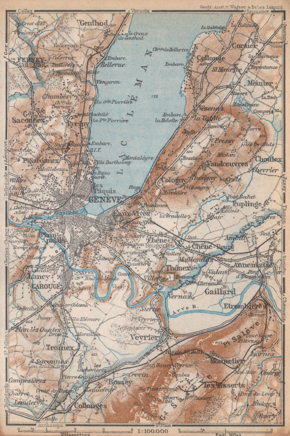 GENEVA GENÈVE GENF ENVIRONS. Switzerland Suisse Schweiz carte karte 1938 map