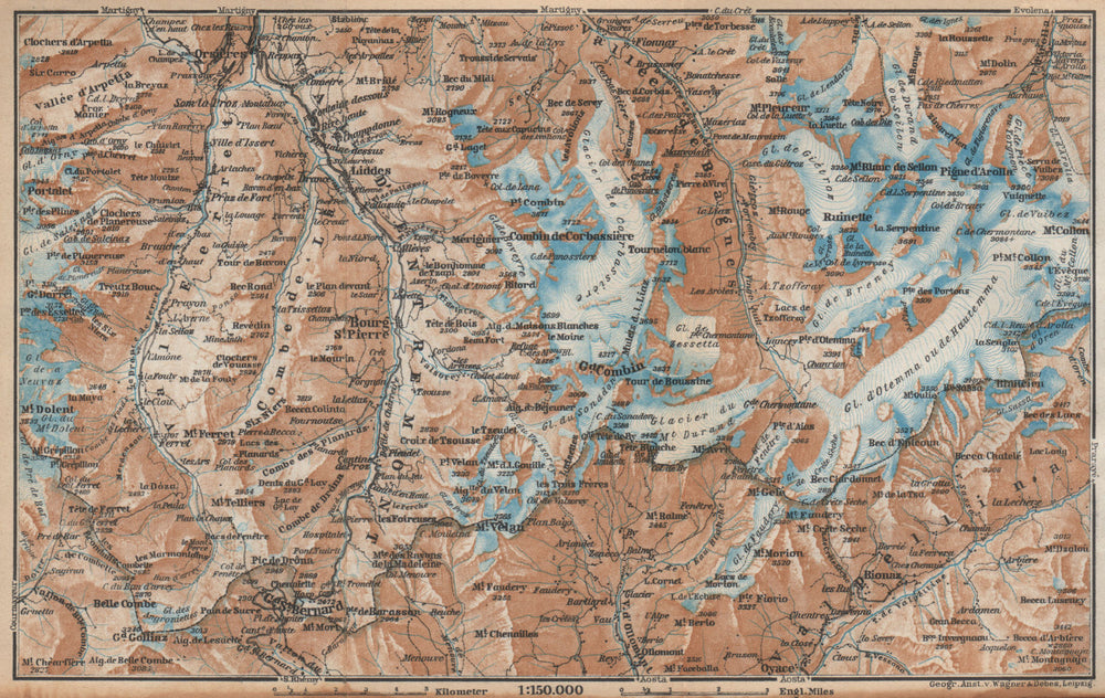 GRAND ST BERNARD ENVIRONS Arolla Grand Combin Massif Orsières Mt Velan 1938 map