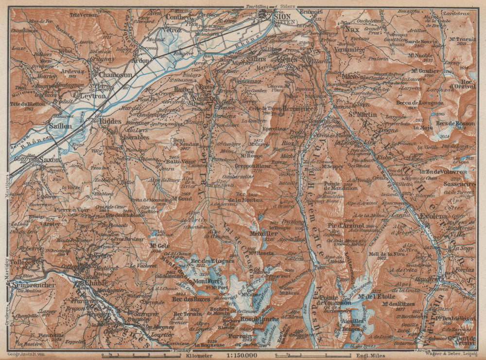 Area south of SION. Verbier Riddes Nendaz Veysonnaz Hérens Entremont 1938 map